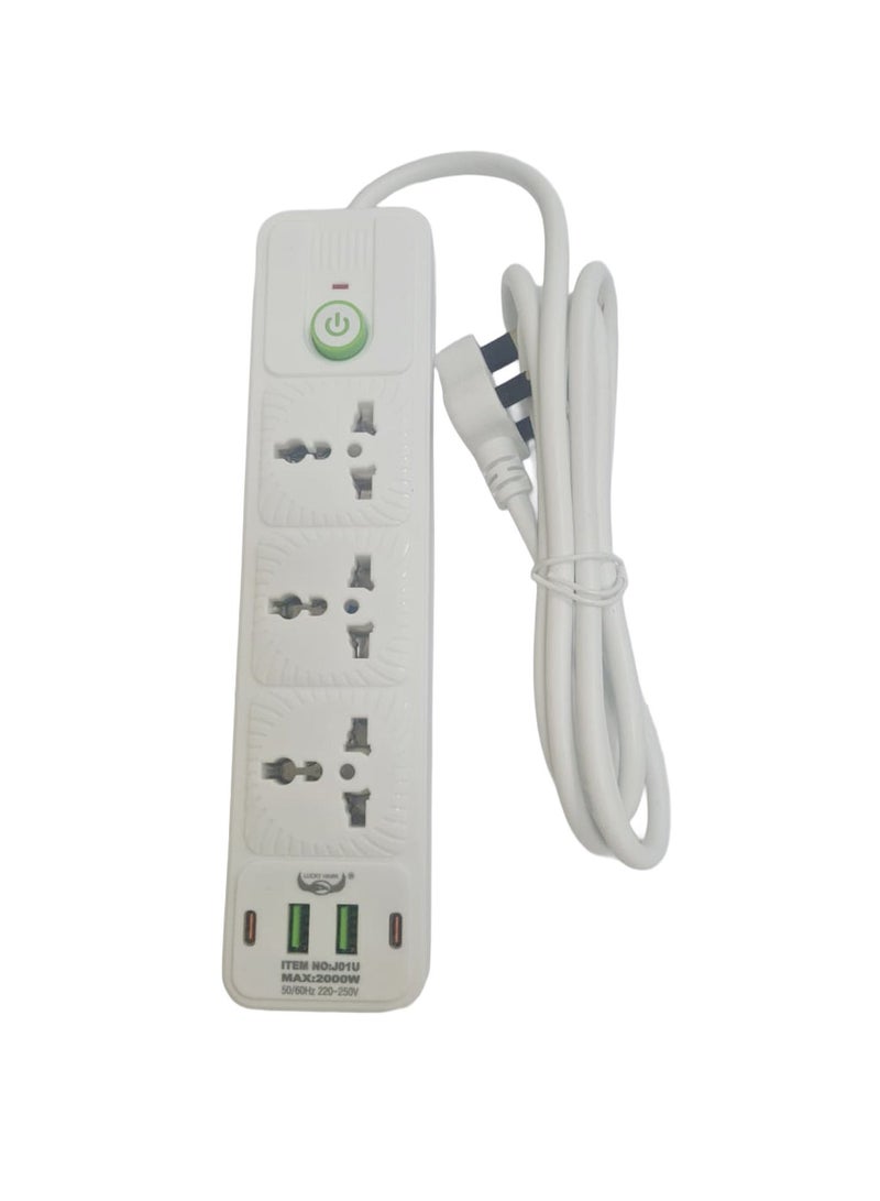 Lucky Hawk شريط تمديد الطاقة مع USB C و Micro USB، 3 منافذ 3 دبابيس، 2 منفذ PD Type-C و 2 منفذ Micro USB، 2500 واط، شريط طاقة مقاوم للاشتعال حتى 750°C مع مفتاح، سلك تمديد بطول 2 متر، محطة شحن مثبتة على الحائط باللون الأبيض - Image 4